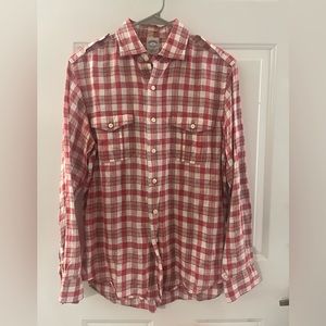 Brooks Brothers Slim Fit Irish Linen Long Sleeve Plaid Utility Shirt Medium